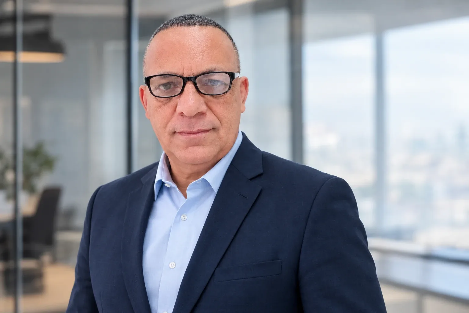 Djalma Sales Neto, sócio-diretor da DSN Services, de terno azul-marinho e óculos, em um escritório